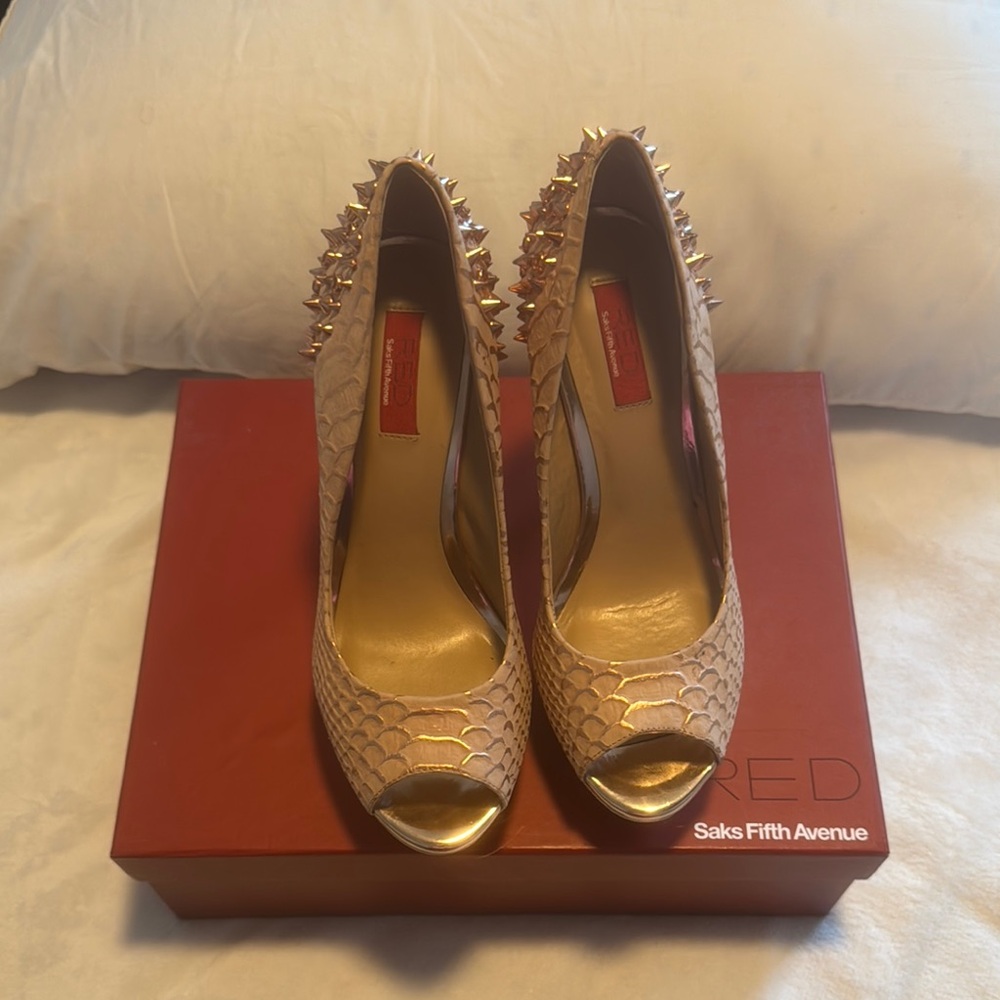 Red Gold Studded Heels with Platform